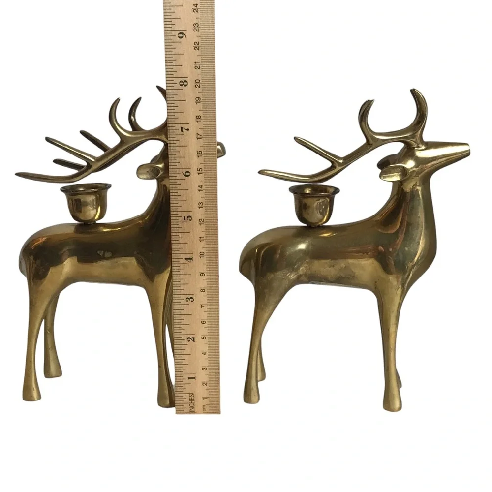 Pottery Barn Brass Reindeer Candle Holders 8” Vintage Christmas Taper Pair